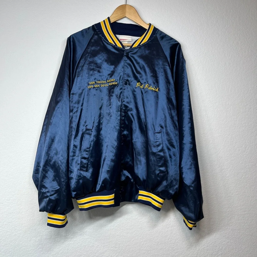 Vintage US Submarine Veterans WWII Satin Bomber Jacket Navy Blue XL Pat Patrick